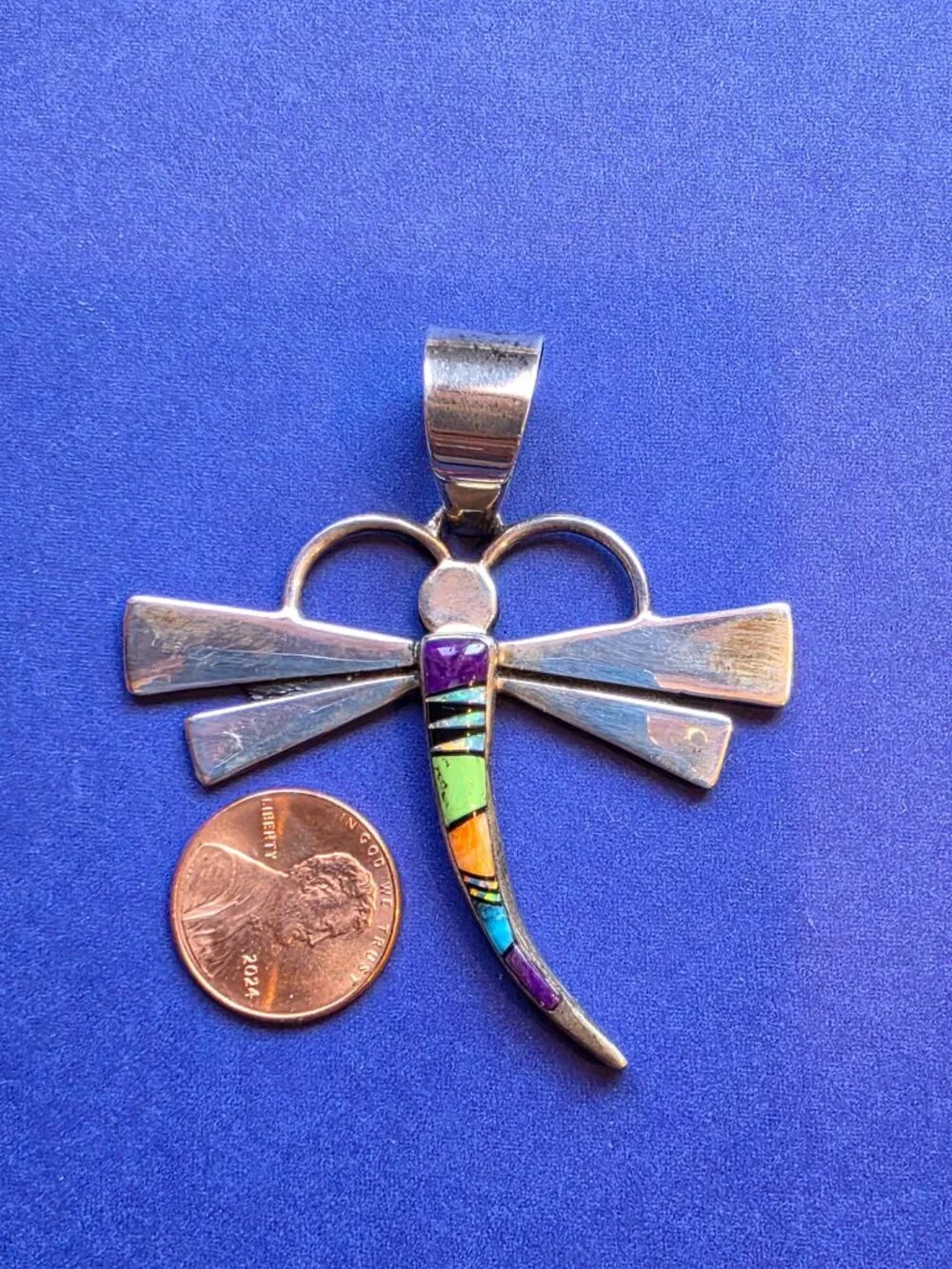 Calvin Begay Native American Sterling Silver Inlaid Dragonfly Pendant - Picture 2 of 5